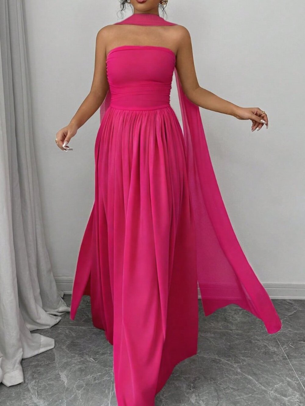 Hot Pink Elegant Women's Strapless Long Dress